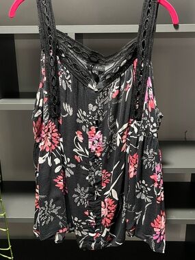 Tribal Black Floral Lace-Trim Camisole - Pink & Cream Accents